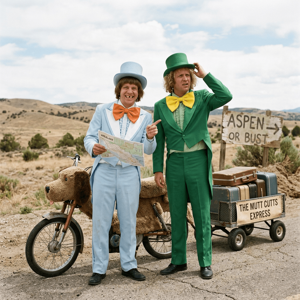 Two men in bright tuxedos with large bows standing next to a motorbike covered in dog fur and a cart with luggage and sign